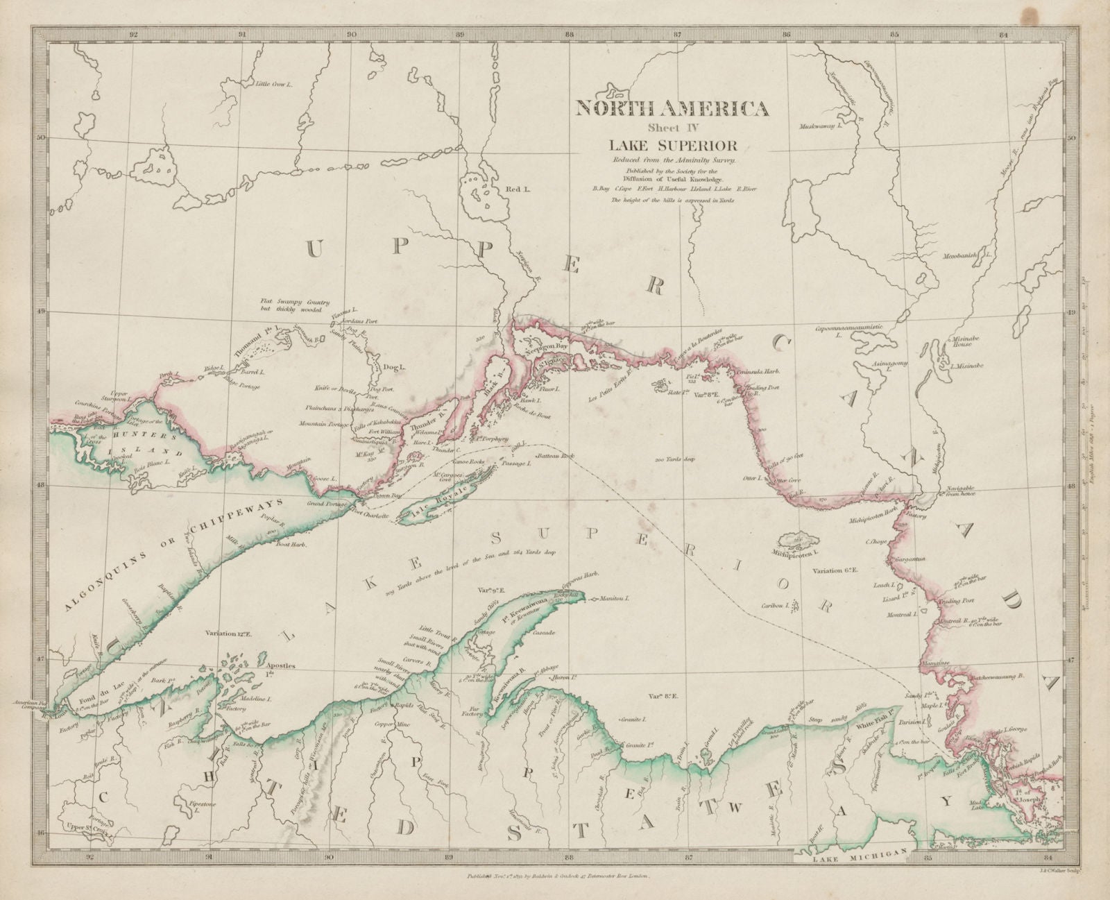 LAKE SUPERIOR.Canada USA Ontario Chippewa Michigan.Indian tribes SDUK 1844 map